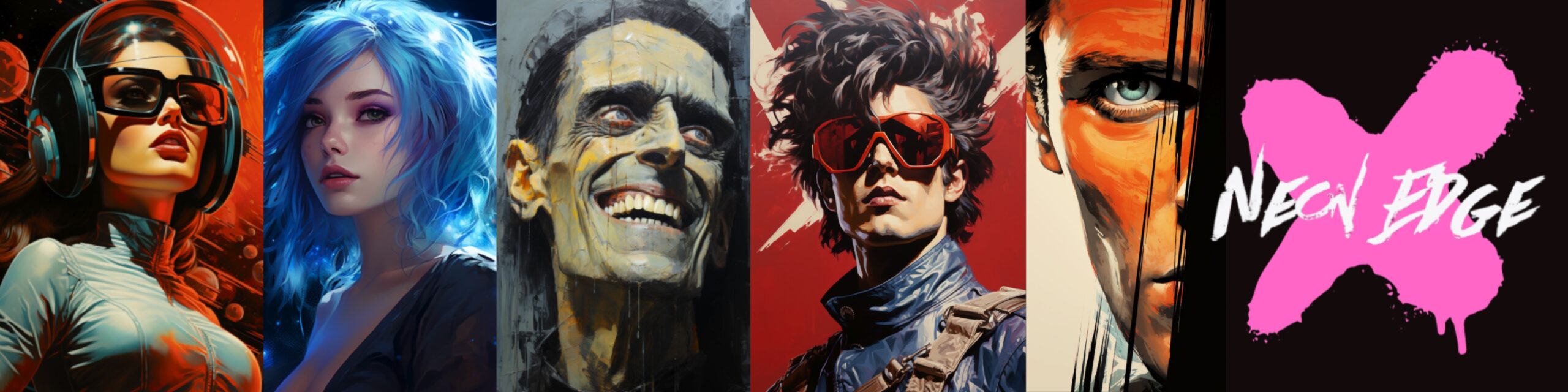 A strip of AI-generated portraits in neon reds, blues and oranges beside the Neon Edge logo